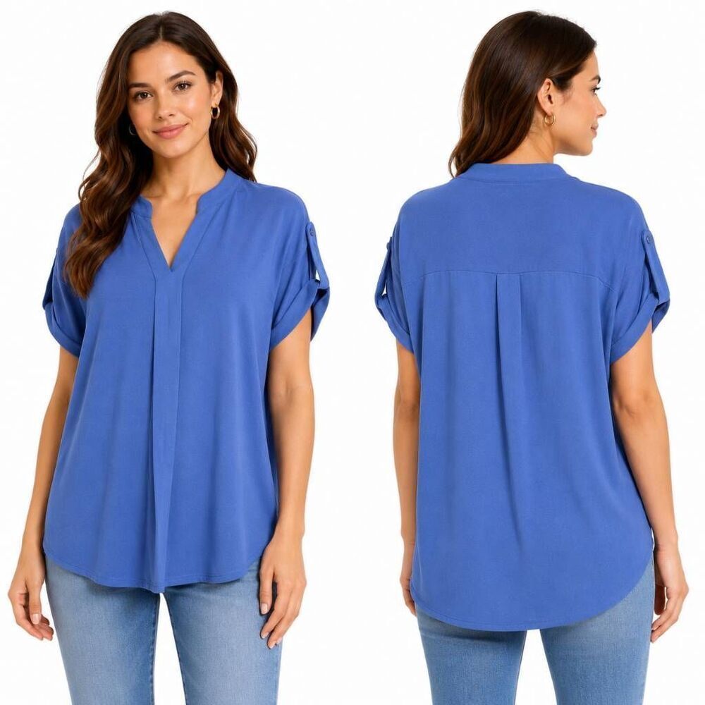 Adrianna Papell Blue Roll Tab Sleeve Blouse Large